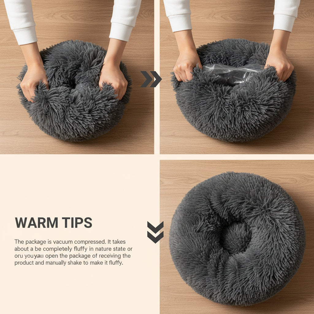 Gray pet bed shown in three stages of being unpacked and expanded on a white background.