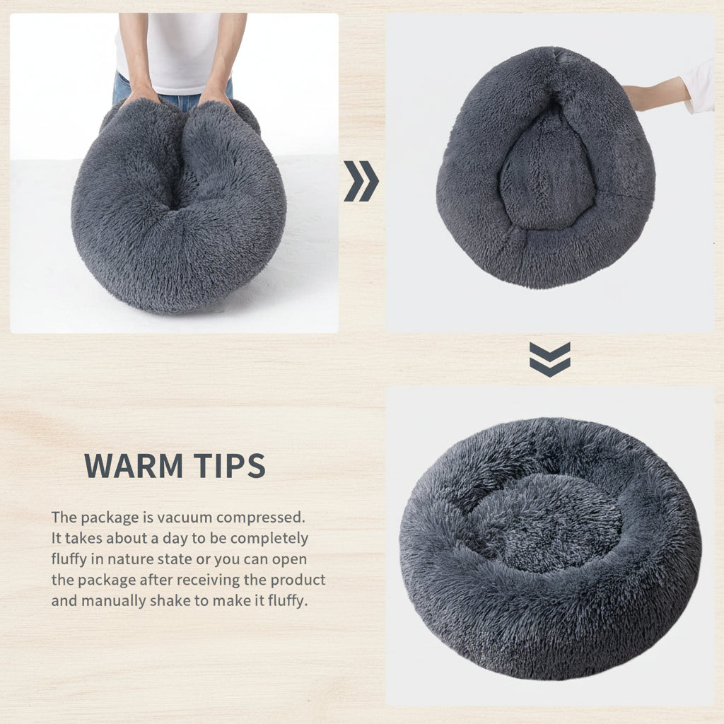 Gray pet bed shown in three stages of being unpacked and expanded on a white background.