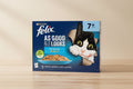 Purina Felix cat food packaging, Fish Selection in Jelly, featuring a black and white cat peeking through a torn paper effect on a dark blue background. The package shows a bowl of wet cat food and text indicating '7+ YEARS' and '3x Trout, Sardine, Tuna, Salmon'.