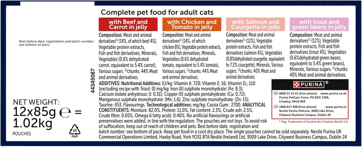 Pet food label for adult cats with ingredients and nutritional information.