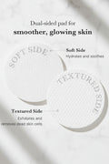 Dual-sided pad with soft and textured sides for skin care, labeled on a white background.