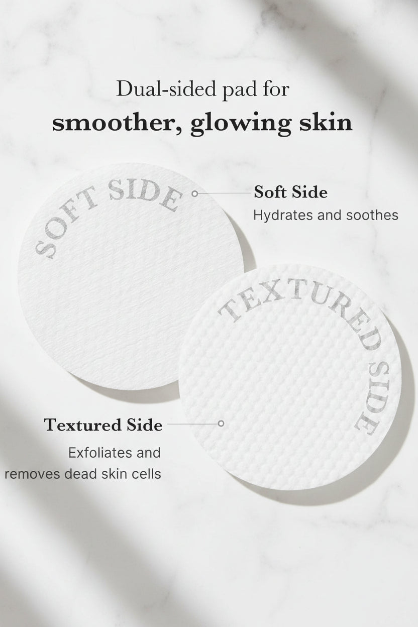 Dual-sided pad with soft and textured sides for skin care, labeled on a white background.