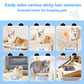 Pet grooming tools for various sticky hair scenarios on a blue background