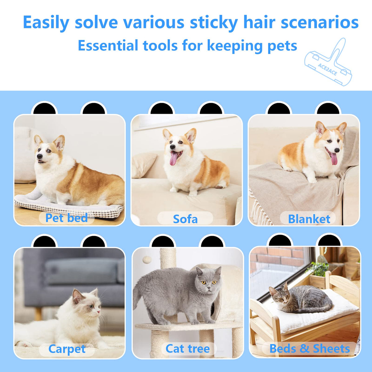 Pet grooming tools for various sticky hair scenarios on a blue background