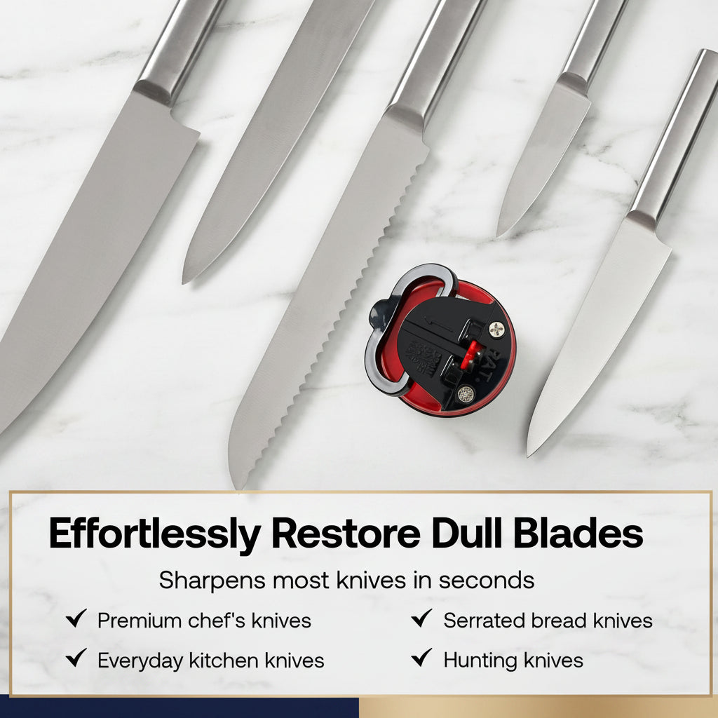 Knife sharpener with knives on a marble surface