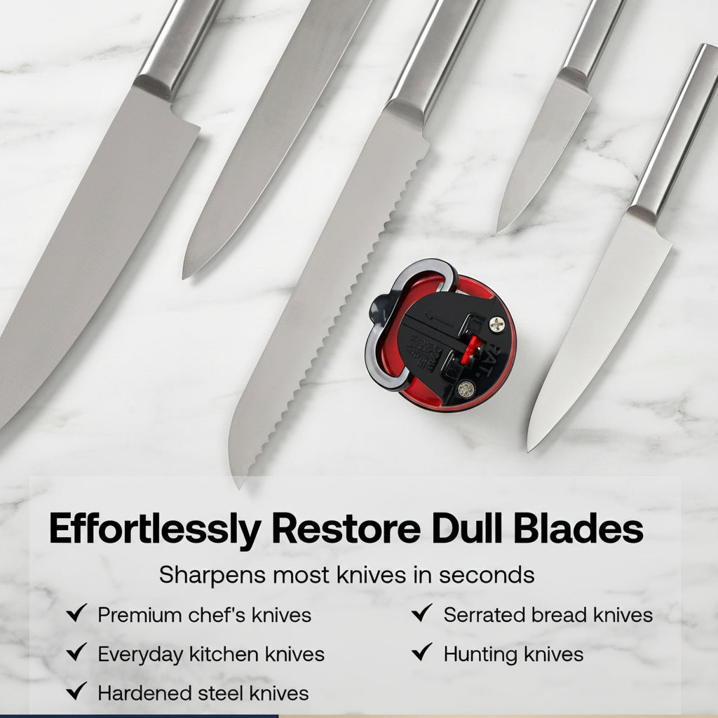 Knife sharpener with knives on a marble surface