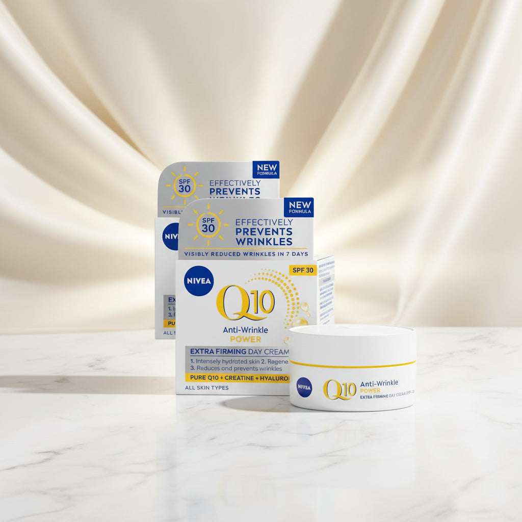 Four NIVEA Q10 Anti-Wrinkle Power Extra Firming Day Cream SPF 30 jars and cartons arranged on a white background.