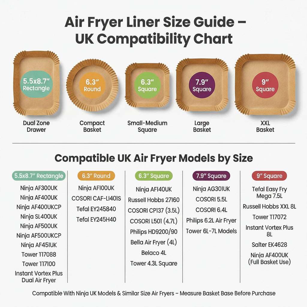 Air Fryer Liner Size Guide with compatibility chart for UK models