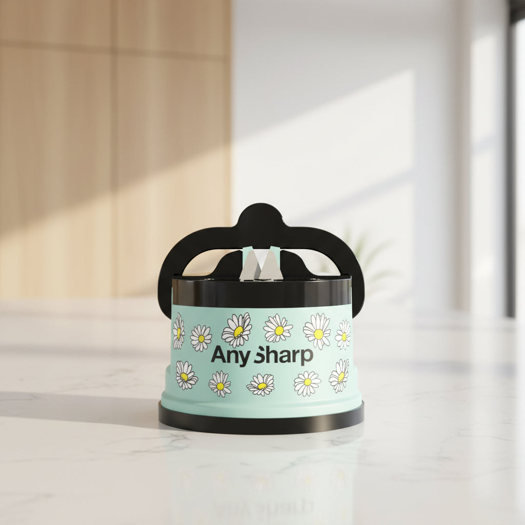 A cylindrical sharpening steel holder with a mint green body decorated with white daisy flowers and the text 'Any Sharp' in black. It features a black handle and a black top base, shown on a plain white background.