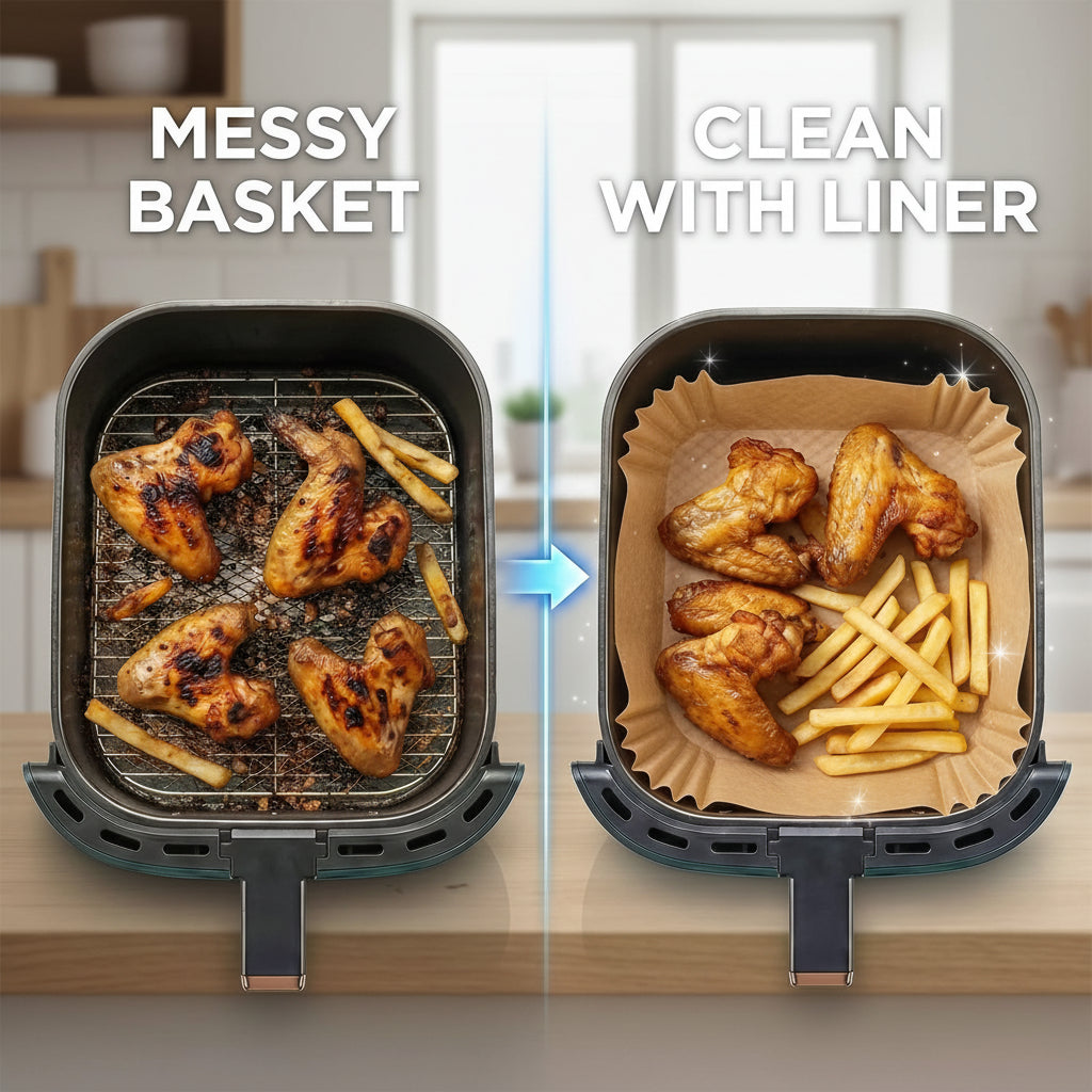 Comparison of a grill basket with food before and after using a liner.