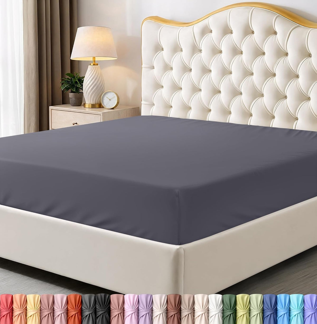 Brown fitted sheet on a bed with a decorative headboard and nightstand.
