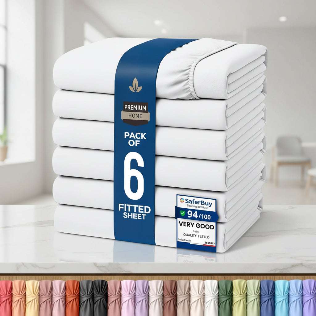 A stack of six folded fitted sheets wrapped in a blue paper band, shown on a white background with certification badges and a row of color swatches along the bottom.
