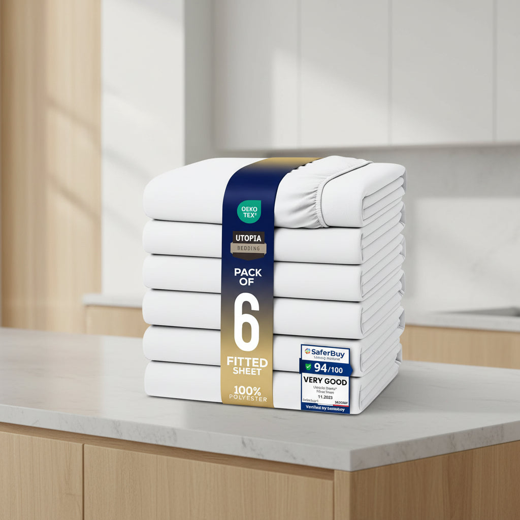 A stack of six folded fitted sheets wrapped in a blue paper band, shown on a white background with certification badges and a row of color swatches along the bottom.