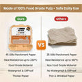 A promotional comparison graphic for air fryer parchment paper. The top text reads 'Made of 100% Food Grade Pulp - Safe Daily Use.