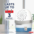 A white and blue UniBond humidifier with a circular vented top, shown next to promotional text stating 'LASTS UP TO 3 MONTHS' and a small cactus in a bright indoor setting.