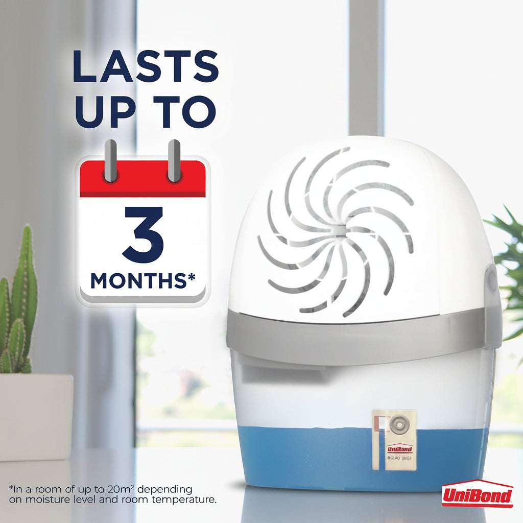 A white and blue UniBond humidifier with a circular vented top, shown next to promotional text stating 'LASTS UP TO 3 MONTHS' and a small cactus in a bright indoor setting.