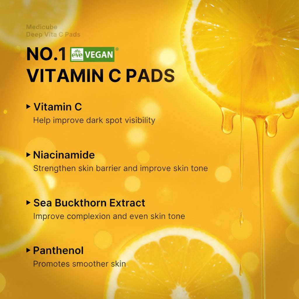 Advertisement for Vitamin C pads with a lemon slice on a beige background