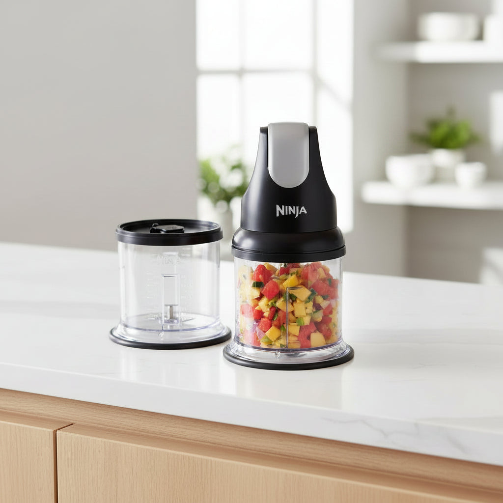 Ninja food chopper with a clear container filled with chopped fruits on a white background