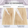 A comparison graphic titled 'PROOF OF PERFORMANCE' showing two close-up sections of blonde hair. The left panel, labeled 'Without Dream Coat,' shows a dropper applying water and text stating 'Hair absorbs water, leading to frizz.