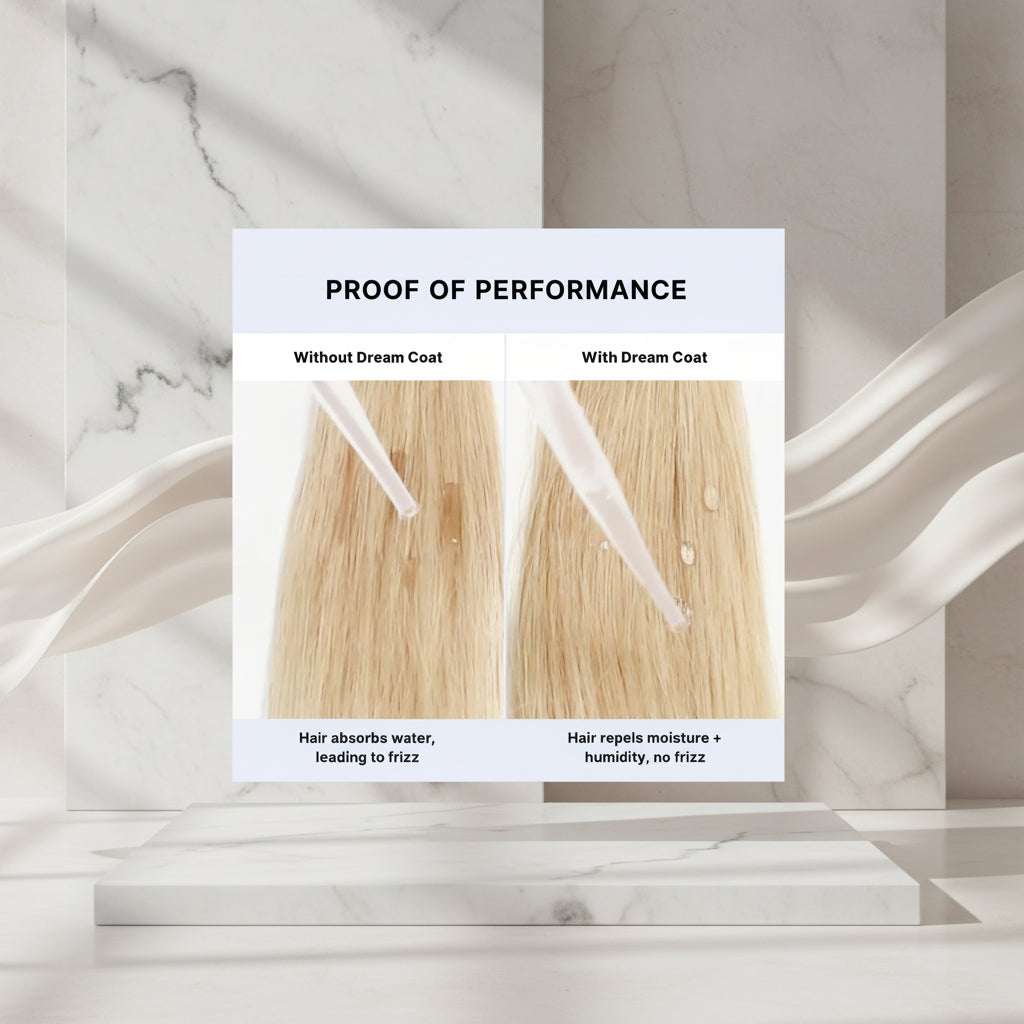 Comparison of hair with and without a 'Dream Coat' product, showing water absorption and frizz.