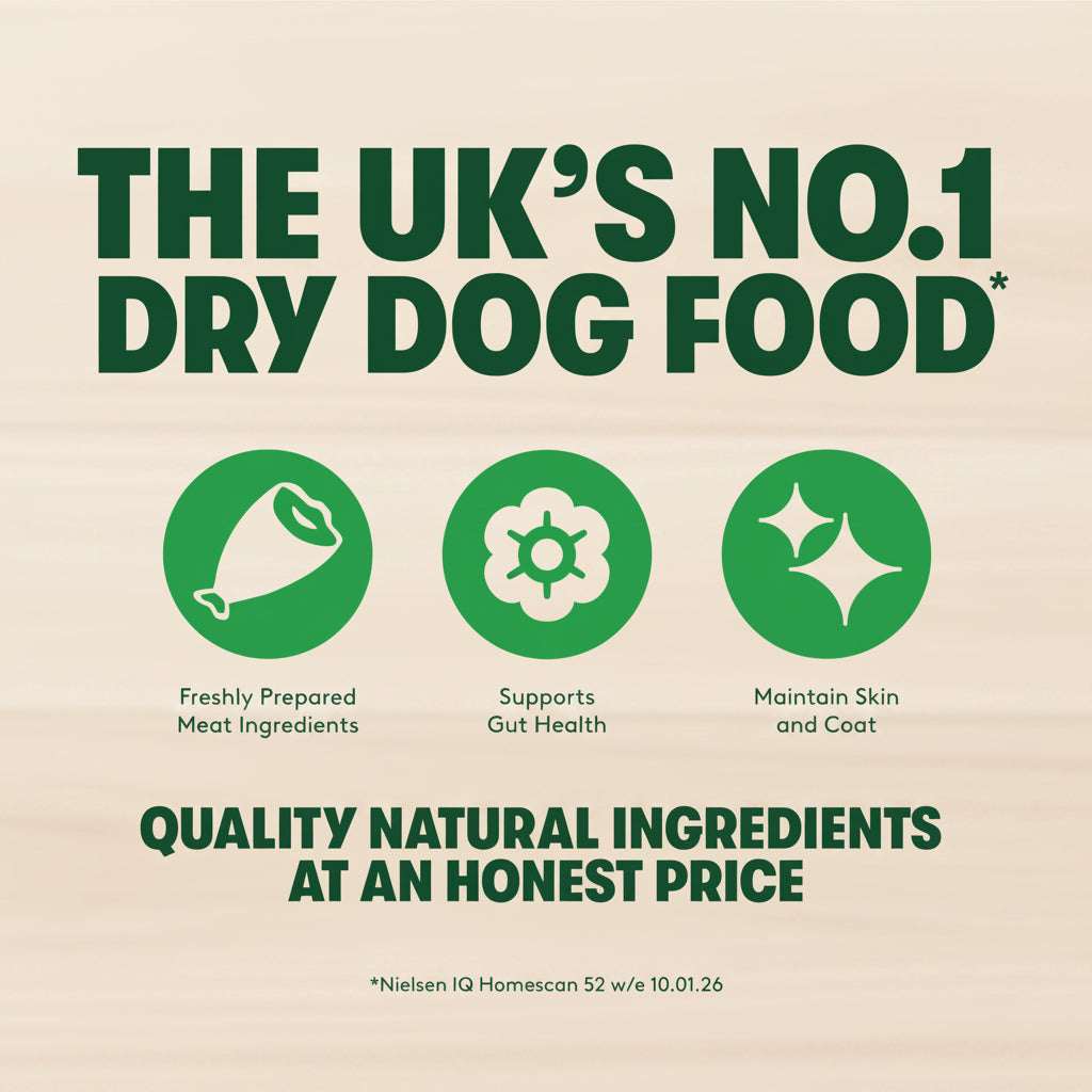 Advertisement for UK's No.1 dry dog food with green icons and text on a beige background.