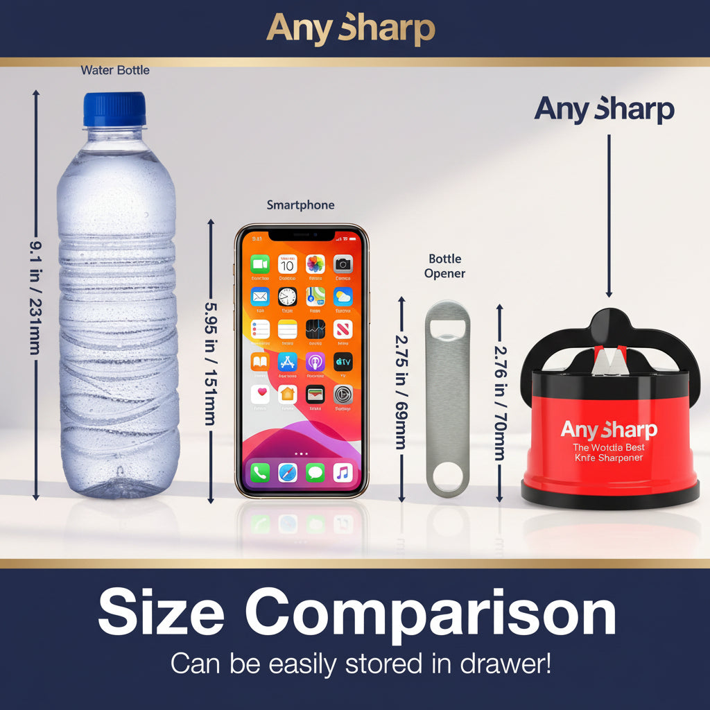 Size comparison chart with water bottle, smartphone, bottle opener, and AnySharp sharpener on a black background.