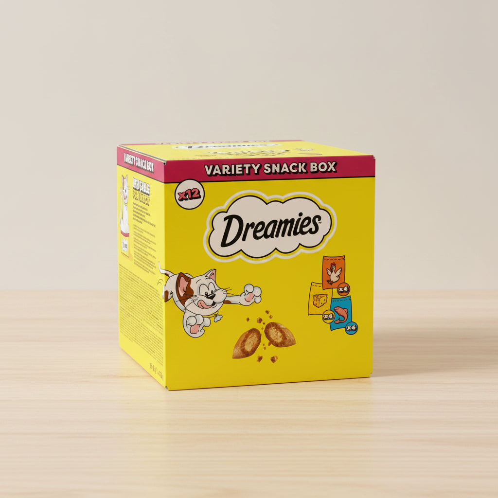 Yellow box of Dreamies cat food variety snack box with cartoon cat and treats on a white background