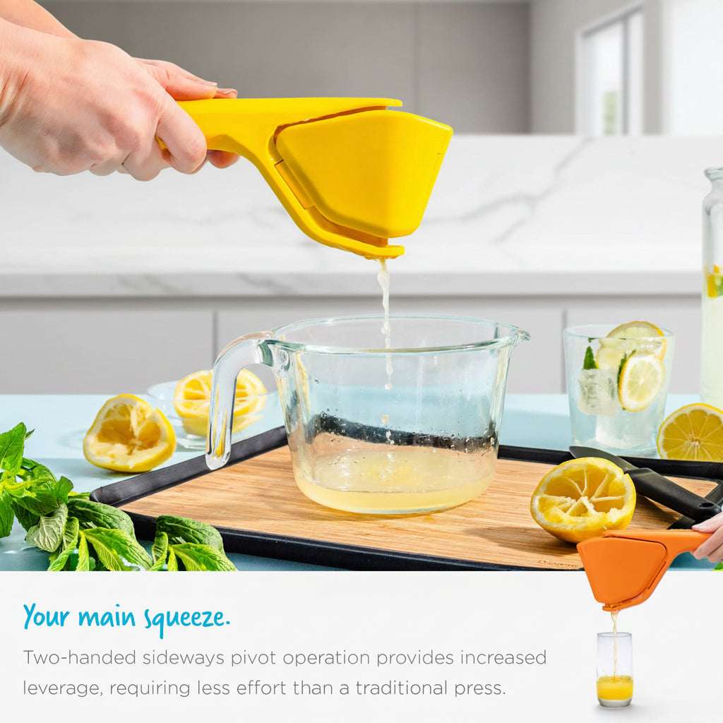 Yellow lemon squeezer being used to extract juice into a glass pitcher with lemons and mint leaves on a cutting board.