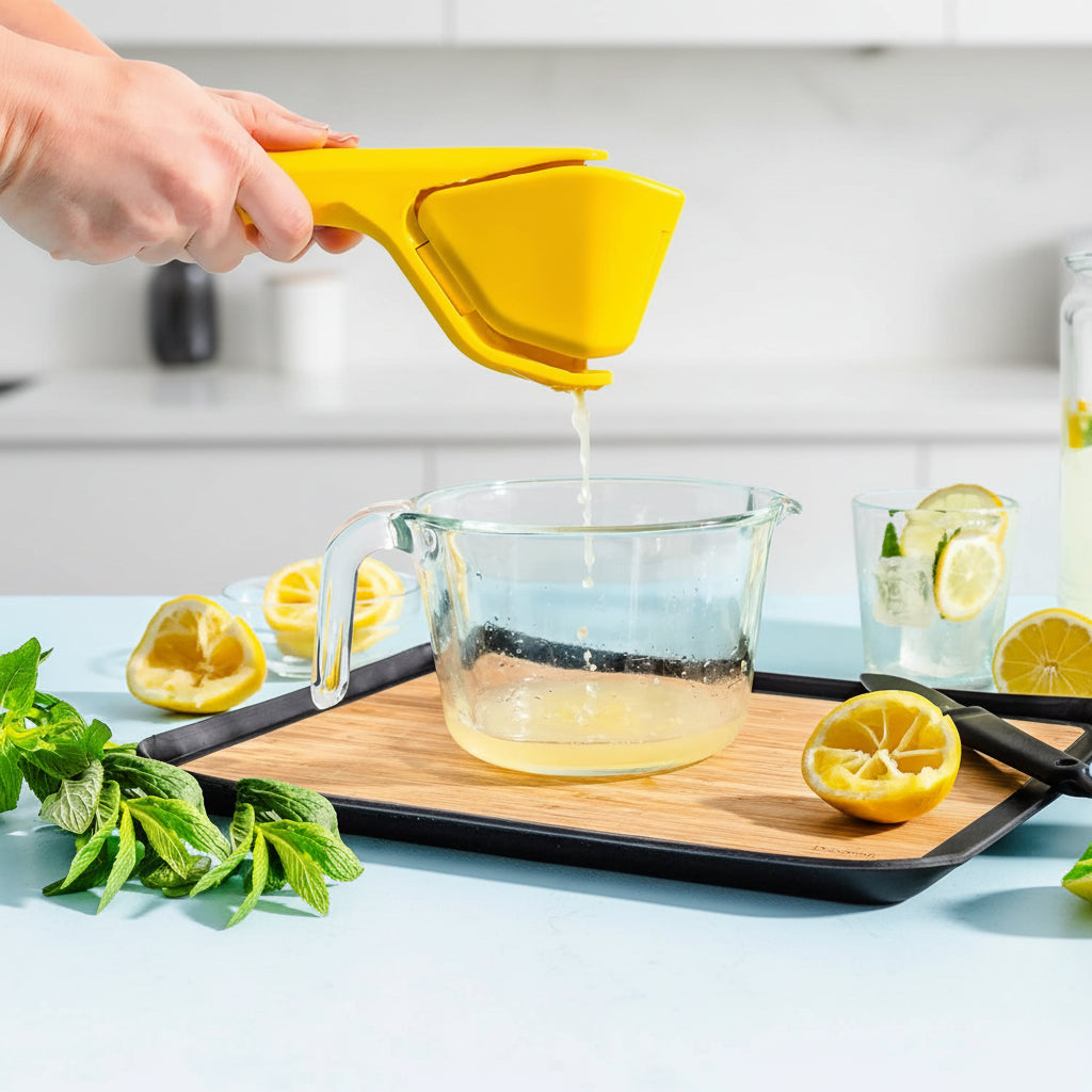 Yellow lemon squeezer being used to extract juice into a glass pitcher with lemons and mint leaves on a cutting board.