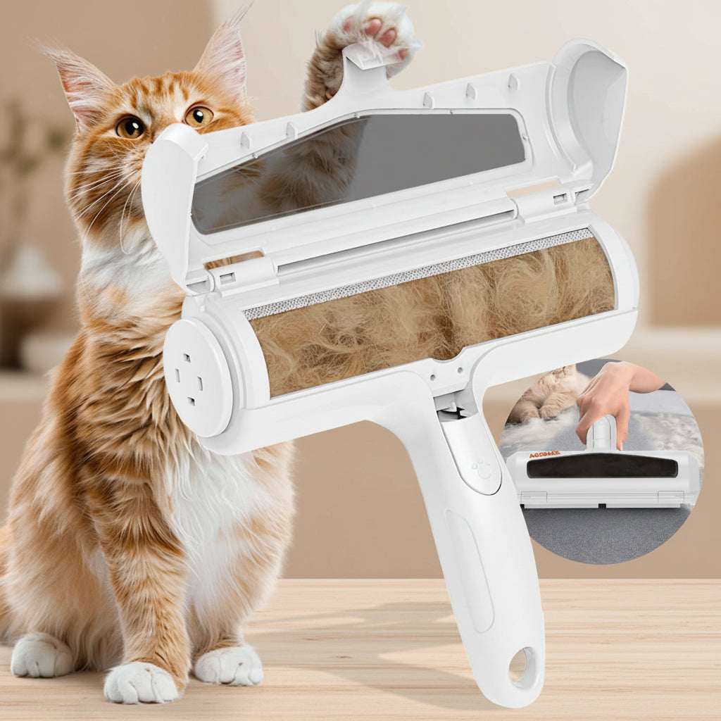 Cat using a self-cleaning pet brush with a close-up inset showing the brush head.