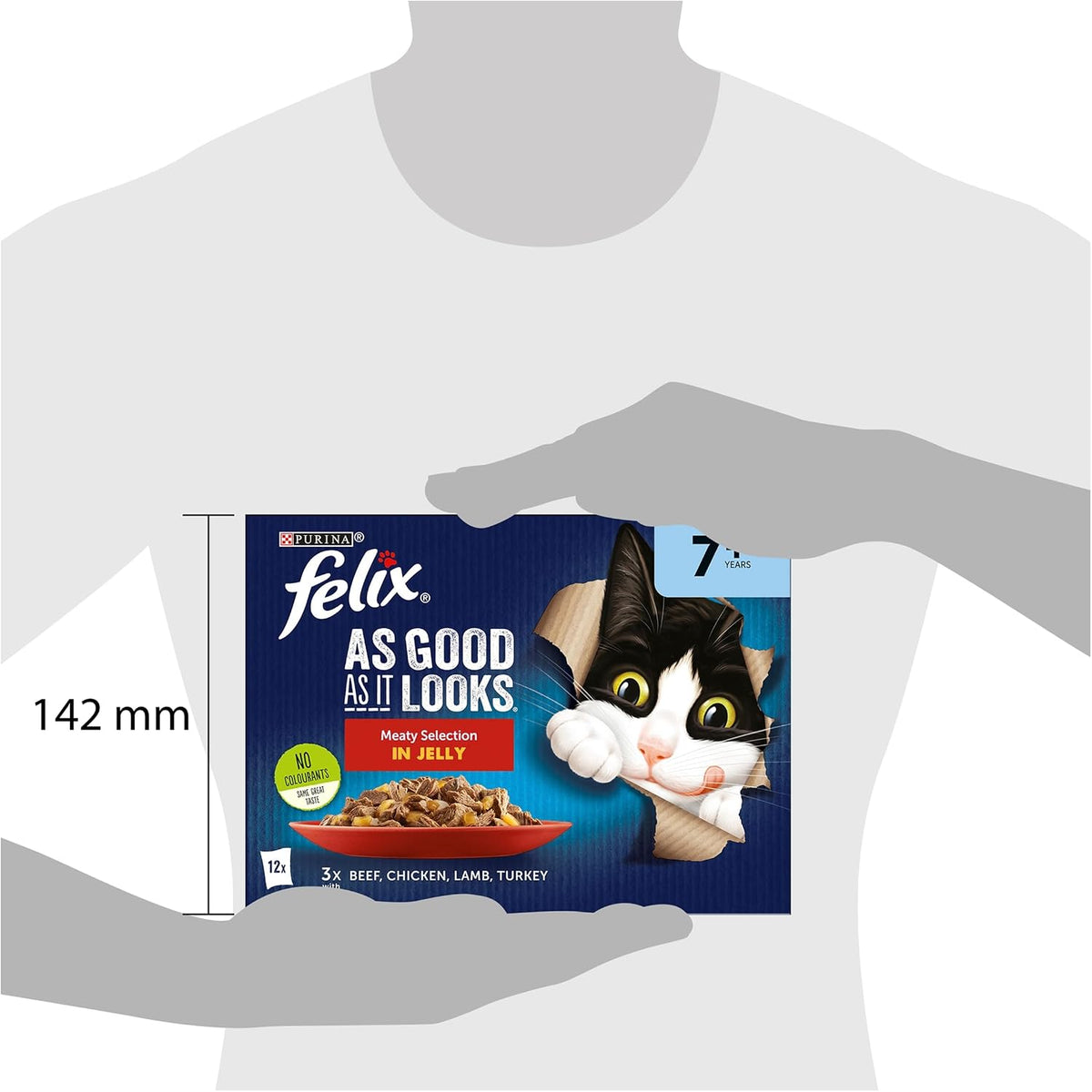Felix cat food package held by a person to show size