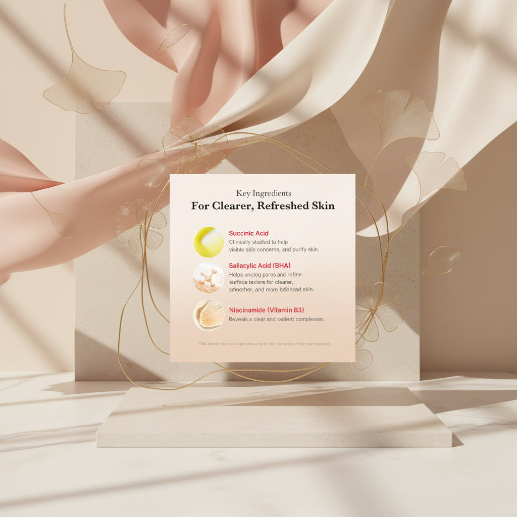 Key ingredients for clearer, refreshed skin with images and descriptions on a beige background