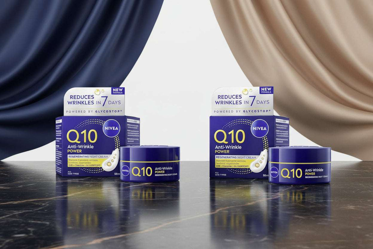 Two boxes and four jars of NIVEA Q10 Anti-Wrinkle Power Regenerating Night Cream arranged on a plain white background.
