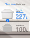 Promotional comparison graphic for a Waterdrop water filter cartridge. The top half shows a white Waterdrop container on a light marble shelf with text reading 'Filters More, Costs Less' and 'Waterdrop Lower Cost 0.