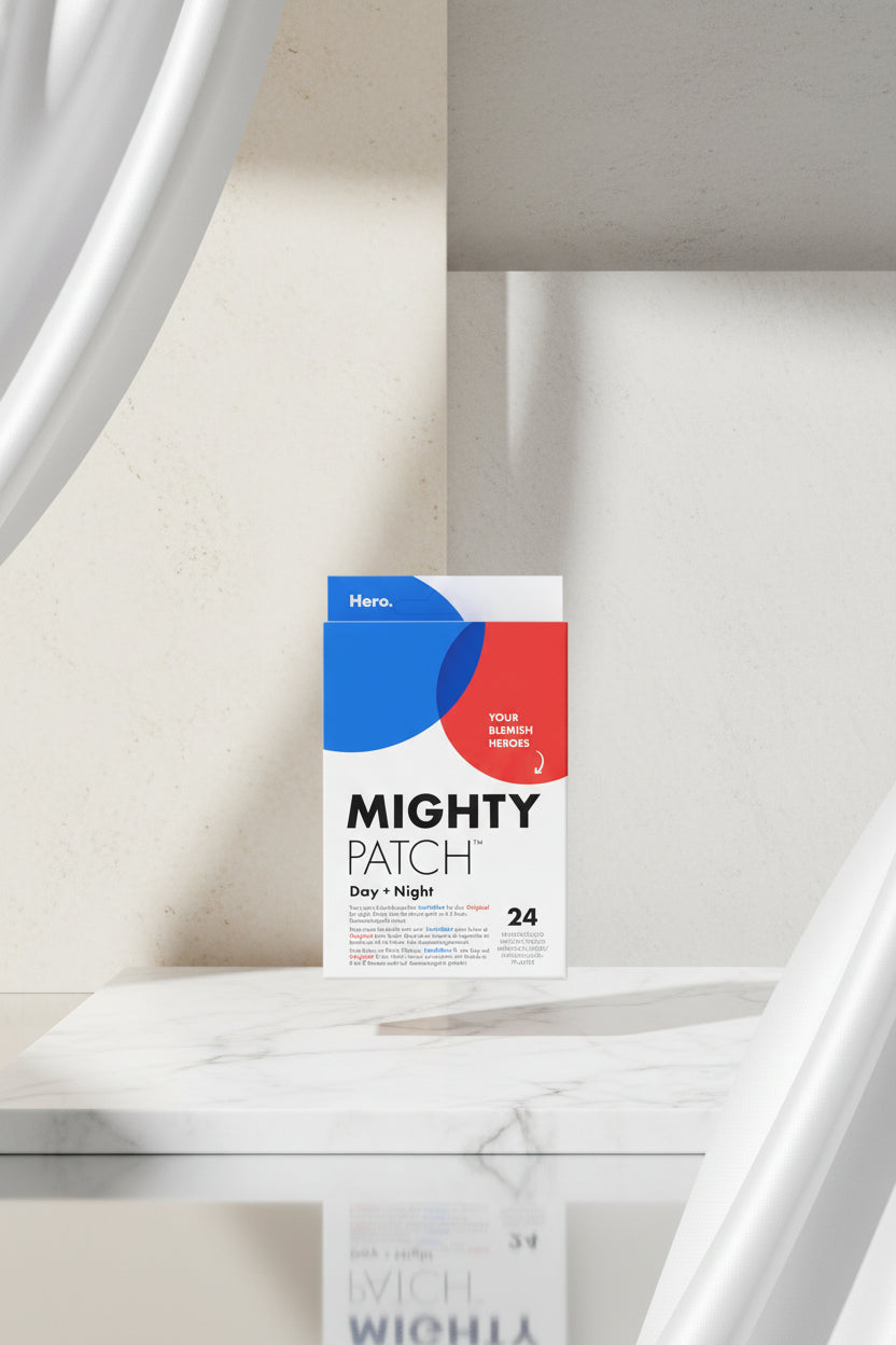 Mighty Patch packaging with blue, red, and white design on a gray background