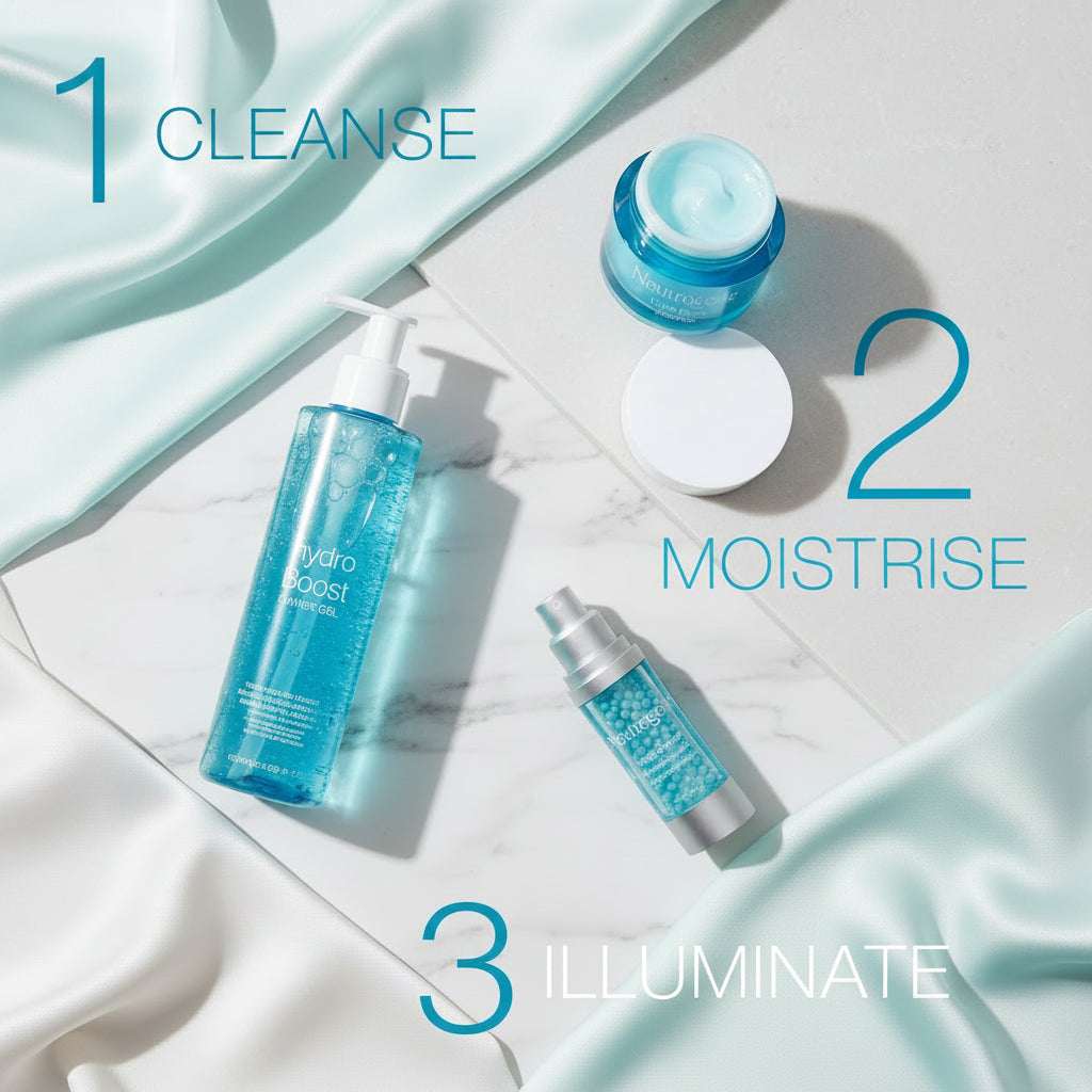Neutrogena skincare products with 'Cleanse', 'Moisturise', and 'Illuminate' steps on a blue and gray background.