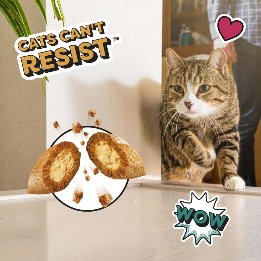 Cat looking at cat treats with 'Cats Can't Resist' and 'WOW' text