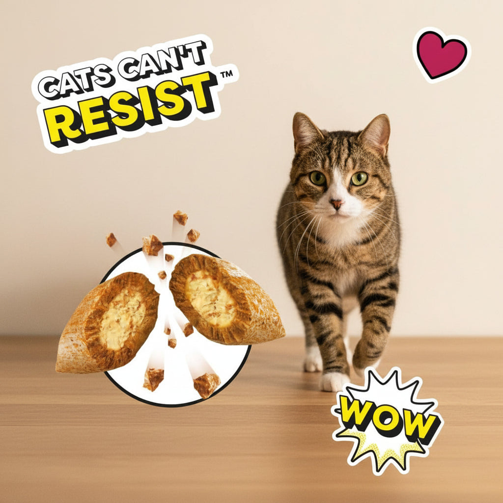 Cat looking at cat treats with 'Cats Can't Resist' and 'WOW' text