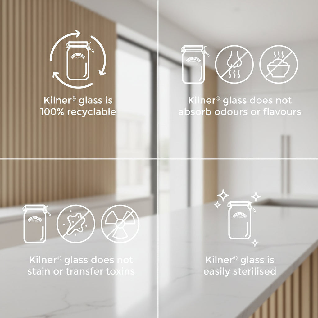 Kilner glass product features on a blue background
