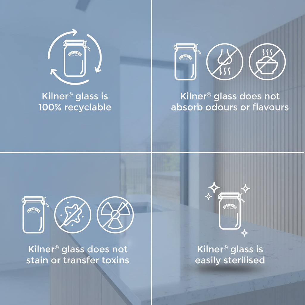 Kilner glass product features on a blue background