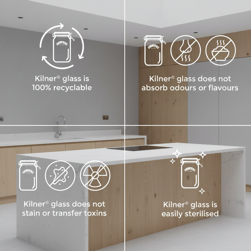 Kilner glass product features on a blue background