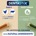 Dentastix product display with chicken and beef flavors on blue background and green tea extract and eucalyptus oil on green background.