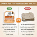 Comparison chart of 45 GSM parchment paper vs. 35 GSM parchment paper with text about food grade safety and properties.