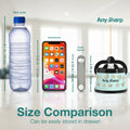 Size comparison chart with water bottle, smartphone, bottle opener, and AnySharp sharpener on a black background.