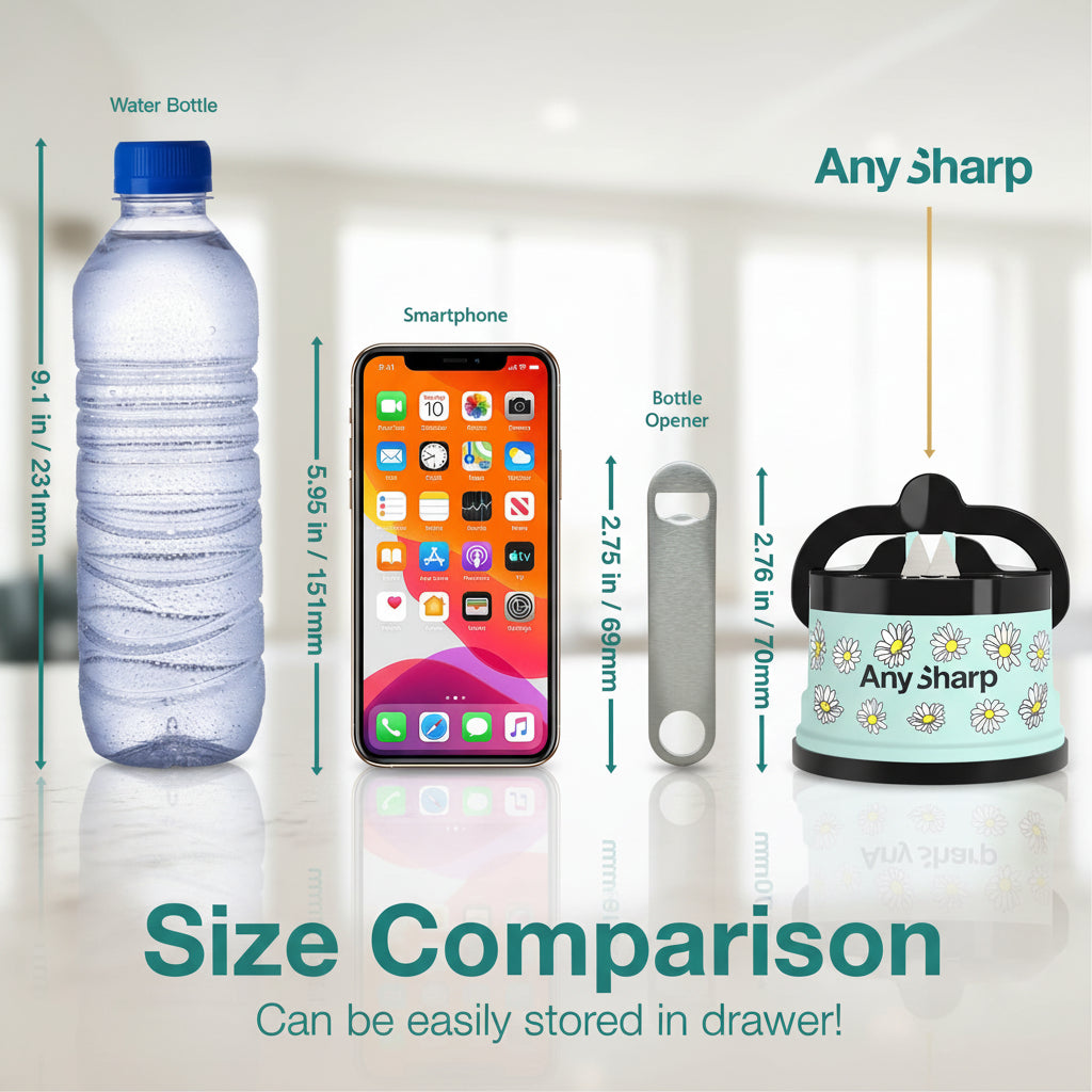 Size comparison chart with water bottle, smartphone, bottle opener, and AnySharp sharpener on a black background.