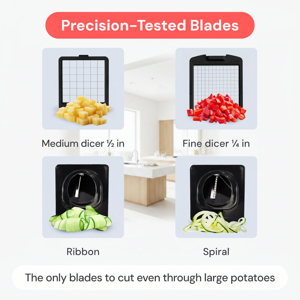 Vegetable dicer with different blade settings shown on a white background