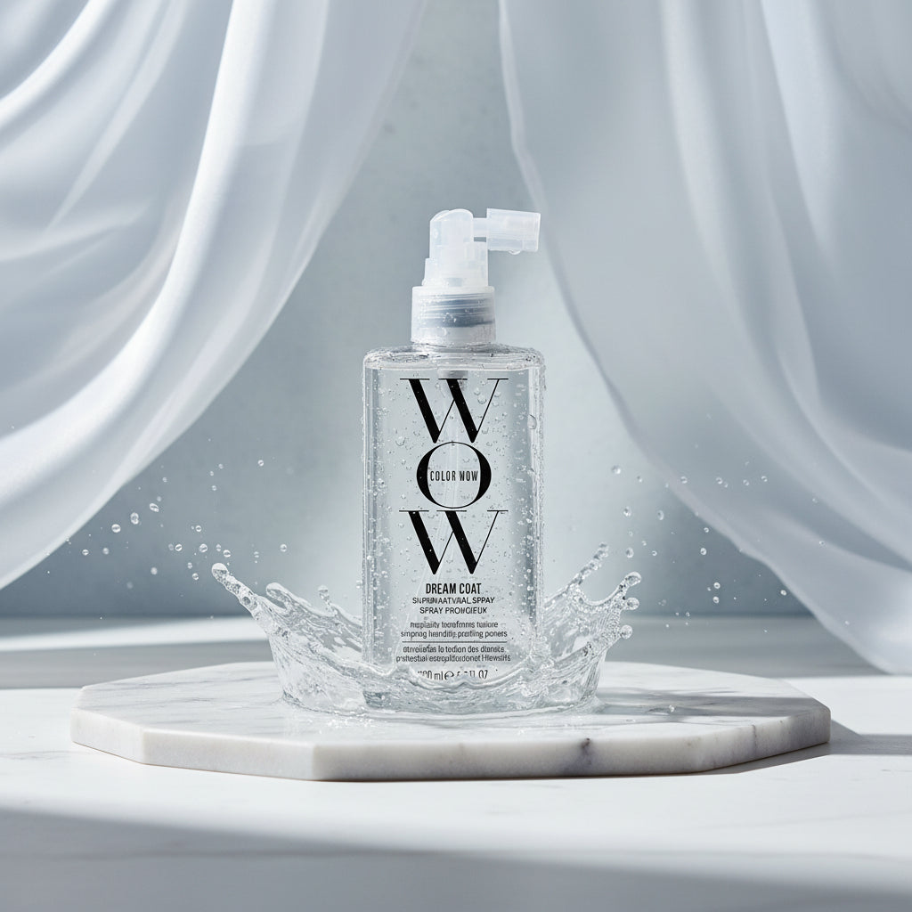 Clear spray bottle labeled 'WOW' with text highlighting product benefits on a blue background