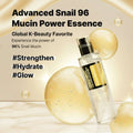 Cosrx Advanced Snail 96 Mucin Power Essence bottle with product details on a yellow background