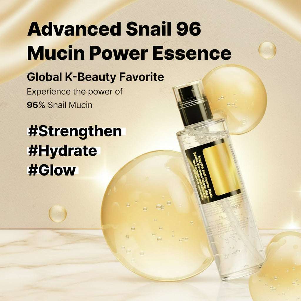 Cosrx Advanced Snail 96 Mucin Power Essence bottle with product details on a yellow background