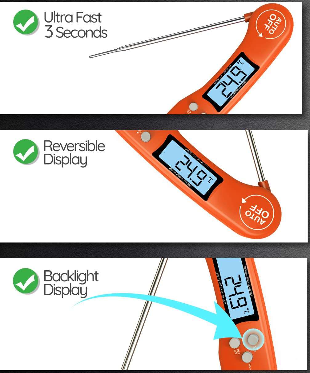 A promotional comparison graphic for a digital thermometer probe. The left side shows the orange DOQAUS thermometer with text callouts for ultra fast response, reversible display, and backlight display.